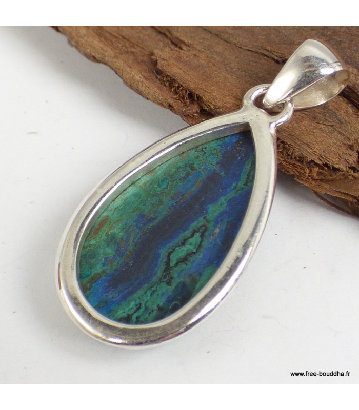 Pendentif Malachite sur Azurite goutte – argent 925