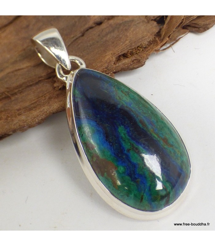 Pendentif Malachite sur Azurite goutte – argent 925