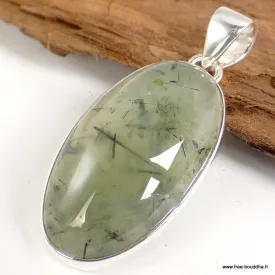 Pendentif Quartz Rutile noir sur Préhnite oval - Pendentifs pierres naturelles