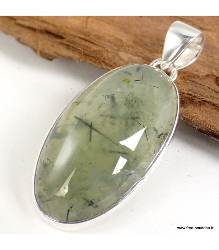 Pendentif ovale Quartz Rutile sur Préhnite pierre naturelle