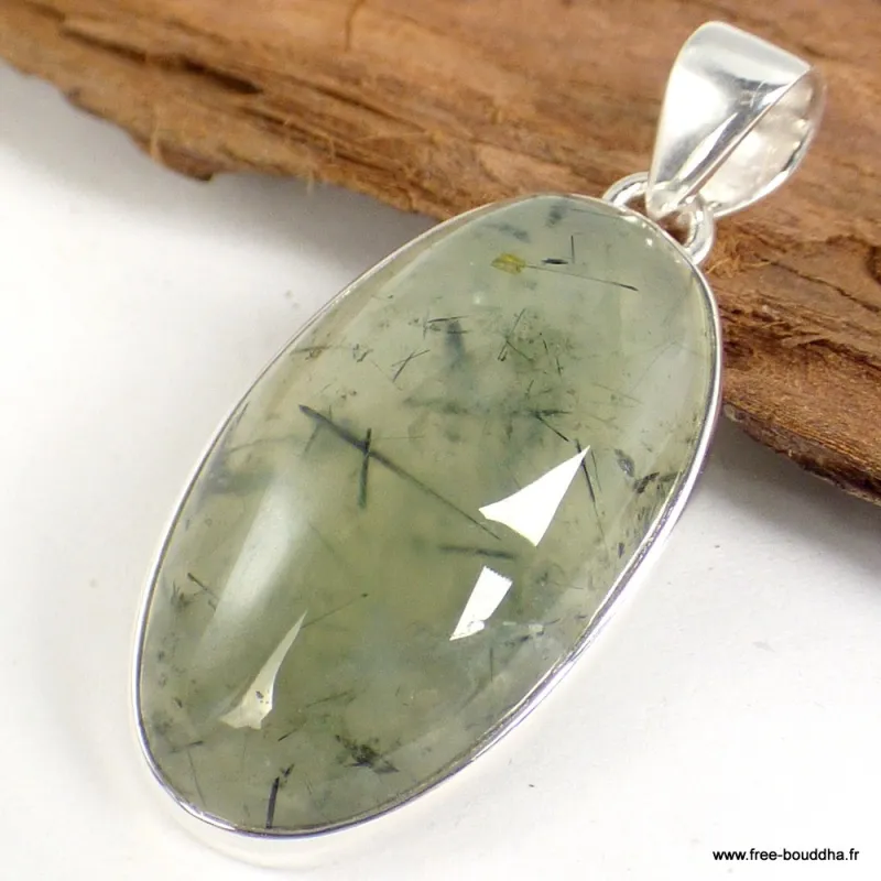 Pendentif Quartz Rutile noir sur Préhnite oval - Pendentifs pierres naturelles