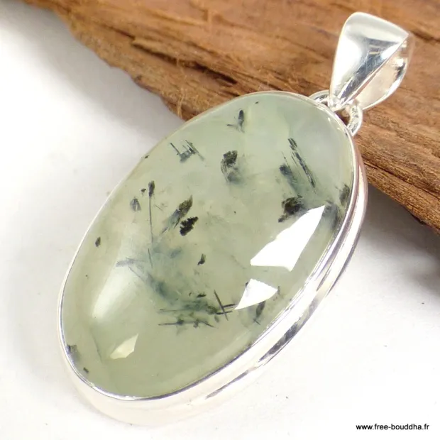 Pendentif oval Prehnite et rutile noir - Pendentifs pierres naturelles