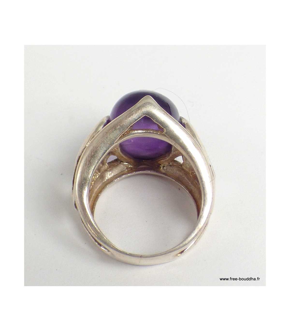 Bague En Argent 925 Avec Grosse Améthyste Biseautée Violette - Taille 57 - Made In France