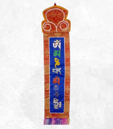 Tenture tibétaine véritable bannière mantra Chenrezi bleue coton artisanale