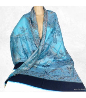 Châle bambou écologique bleu motif floral – réversible artisanal