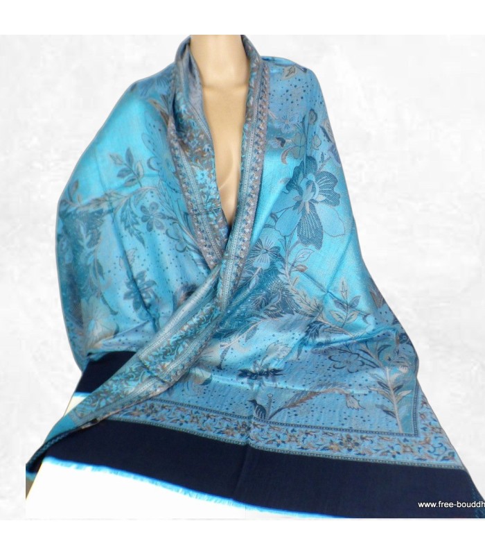 Châle bambou écologique bleu motif floral – réversible artisanal