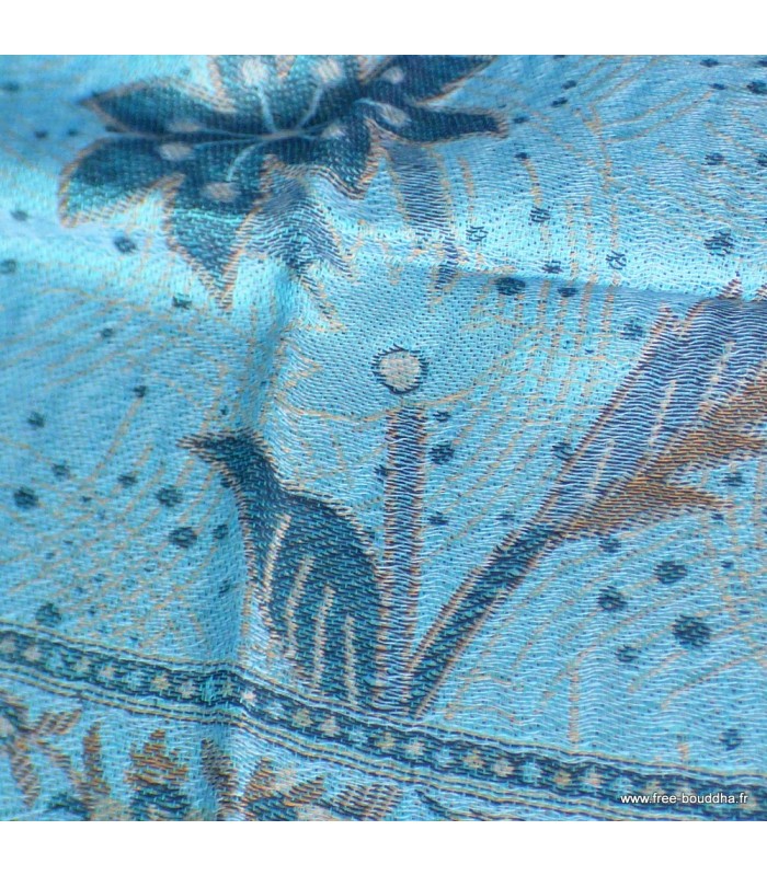 Châle bambou écologique bleu motif floral – réversible artisanal