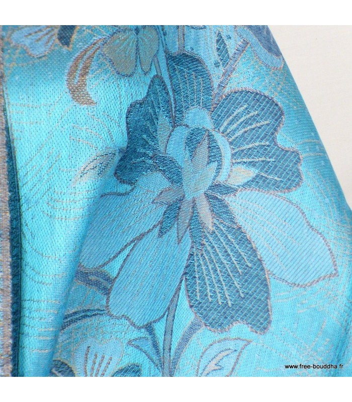 Châle bambou écologique bleu motif floral – réversible artisanal
