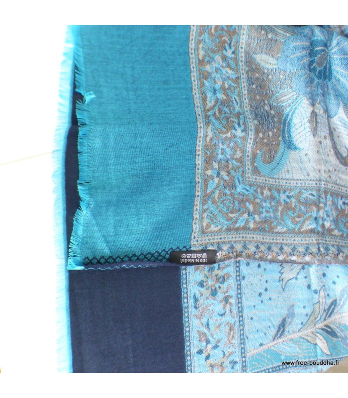 Châle bambou écologique bleu motif floral – réversible artisanal