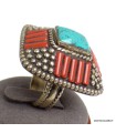Bague tibétaine turquoise et corail, métal blanc, taille 58/59.