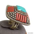 Grosse bague Tibétaine traditionnelle Turquoise corail T 58 et 59 - Bagues tibétaines bouddhistes