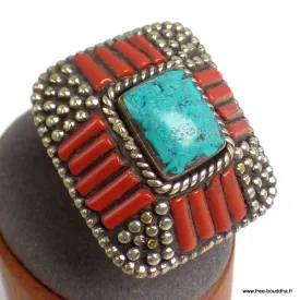 Grosse bague Tibétaine traditionnelle Turquoise corail T 58 et 59 - Bagues tibétaines bouddhistes