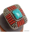 Bague tibétaine turquoise et corail, métal blanc, taille 58/59.