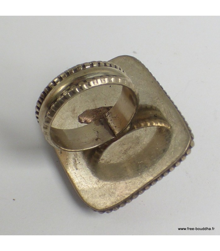 Bague tibétaine turquoise et corail, métal blanc, taille 58/59.