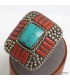Bague tibétaine turquoise et corail, métal blanc, taille 58/59.