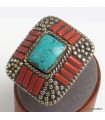 Bague tibétaine turquoise et corail, métal blanc, taille 58/59.