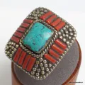 Grosse bague Tibétaine traditionnelle Turquoise corail T 58 et 59 - Bagues tibétaines bouddhistes