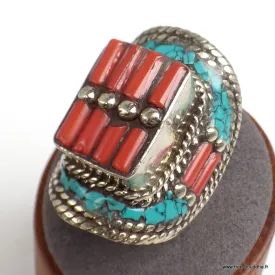 Bague Tibétaine Turquoise Corail bâtonnets T 58 - Bagues tibétaines bouddhistes
