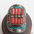 Bague Tibétaine Turquoise Corail bâtonnets T 58 - Bagues tibétaines bouddhistes