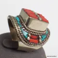 Bague Tibétaine Turquoise Corail bâtonnets T 58 - Bagues tibétaines bouddhistes