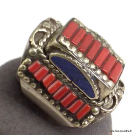 Grosse bague Tibétaine traditionnelle Corail Taille 61 - Bagues tibétaines bouddhistes