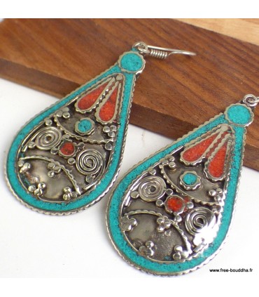 Boucles d’oreilles tibétaines artisanales en métal et résine, forme poire