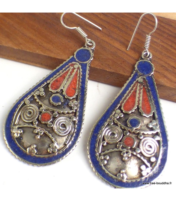 Boucles d’oreilles tibétaines pendantes en métal et résine, forme poire