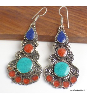 Boucles d'oreilles tibétaines 3 couleurs métal résine