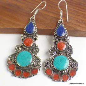 Boucles d'oreilles tibétaines 3 couleurs, Népal - Boucles d'oreilles tibétaines