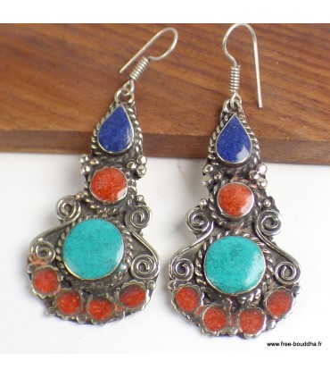 Boucles d'oreilles tibétaines 3 couleurs métal résine