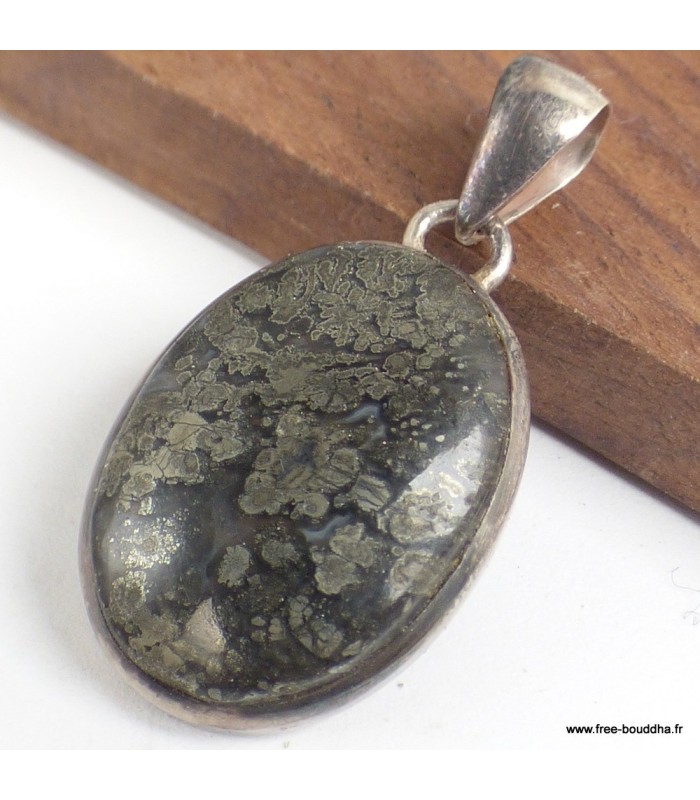 Pendentif Pyrite sur Agate bleue véritable semi-oval argent 925 certificat