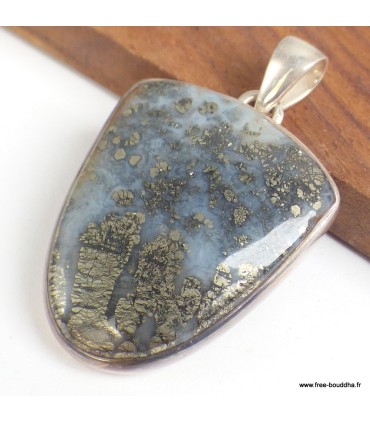 Pendentif Pyrite sur Agate véritable écusson argent 925 certificat
