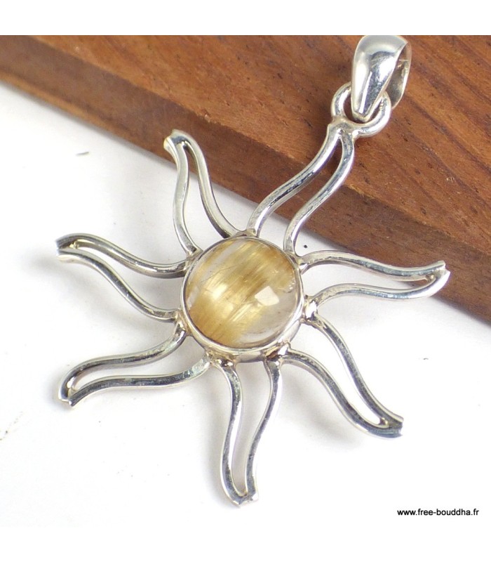 Pendentif Quartz rutile doré authentique forme soleil