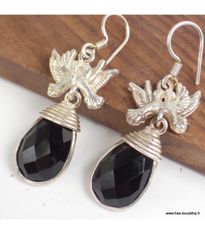 Boucles d’oreilles Colombes onyx noir facetté argent 925 certifié