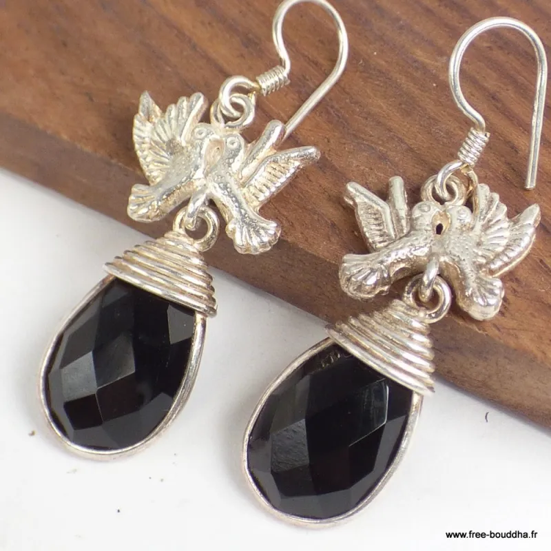 Boucles d'oreilles Colombes en onyx noir facetté - Boucles d'oreilles en pierres naturelles