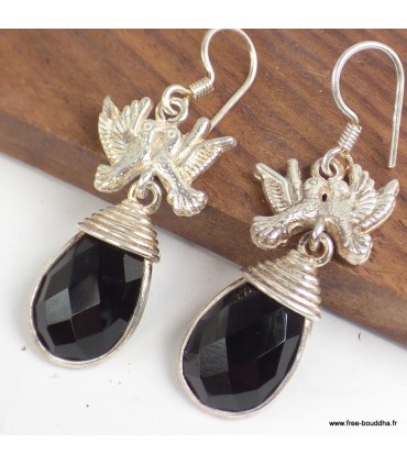 Boucles d’oreilles Colombes onyx noir facetté argent 925 certifié