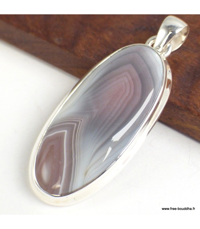 Pendentif Agate Botswana gris rose – Argent 925 certifié