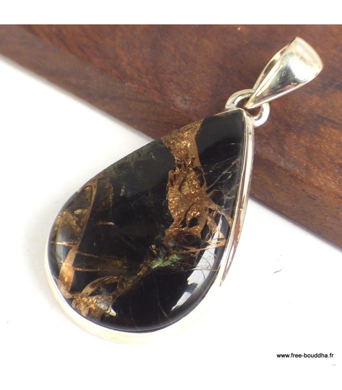 Pendentif en onyx Noir cuivré véritable – Argent 925 poinçonné