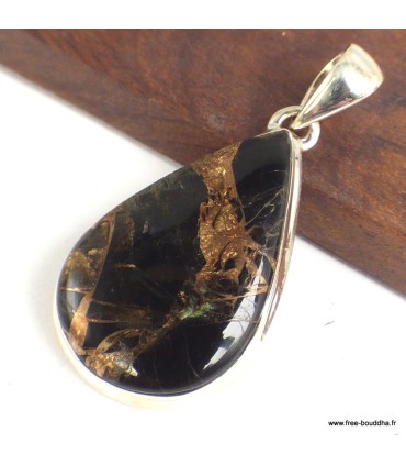 Pendentif en onyx Noir cuivré véritable – Argent 925 poinçonné