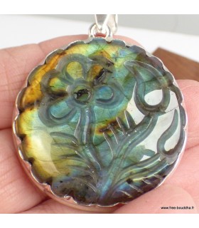 Pendentif Labradorite véritable sculpté fleur argent 925