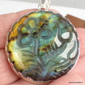 Gros pendentif Labradorite sculptée fleur - Bijoux en Labradorite