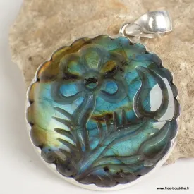Gros pendentif Labradorite sculptée fleur - Bijoux en Labradorite