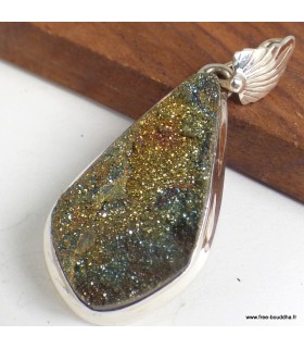Pendentif Pyrite arc-en-ciel bélière feuille argent 925