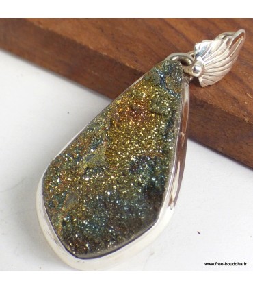 Pendentif Pyrite arc-en-ciel bélière feuille argent 925