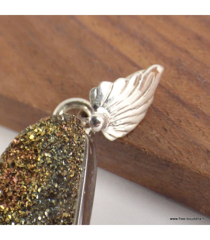 Pendentif Pyrite arc-en-ciel véritable argent 925 kaki cuivre