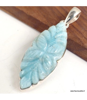 Pendentif Larimar sculpté main argent 925, pièce unique fleur artisanale