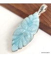 Pendentif Larimar sculpté main argent 925, pièce unique fleur artisanale