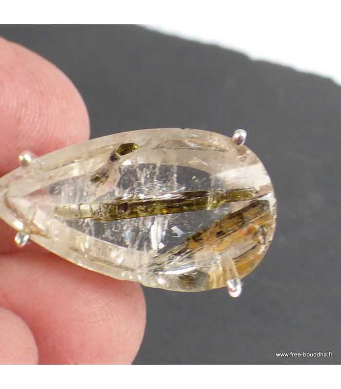 Pendentif Épidote sur Quartz goutte – Argent 925 certifié