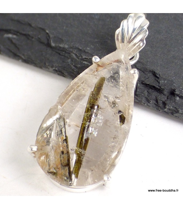 Pendentif Épidote sur Quartz goutte – Argent 925 certifié