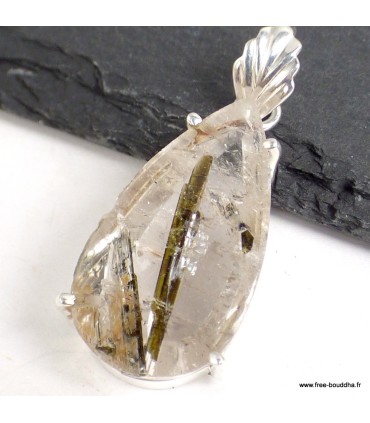 Pendentif Épidote sur Quartz goutte – Argent 925 certifié
